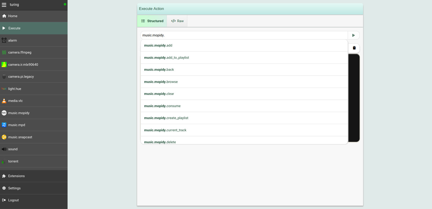 Screenshot of the Execute tab showing the autocomplete discovery of the
actions