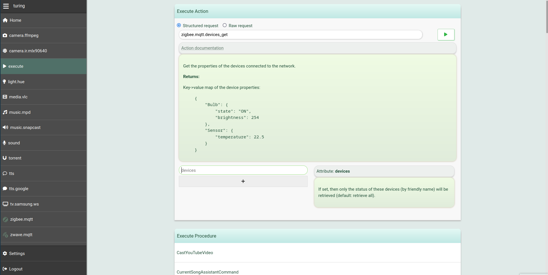 Screenshot of the execution panel, showing an action's automatically generateddocumentation and its parsed attributes