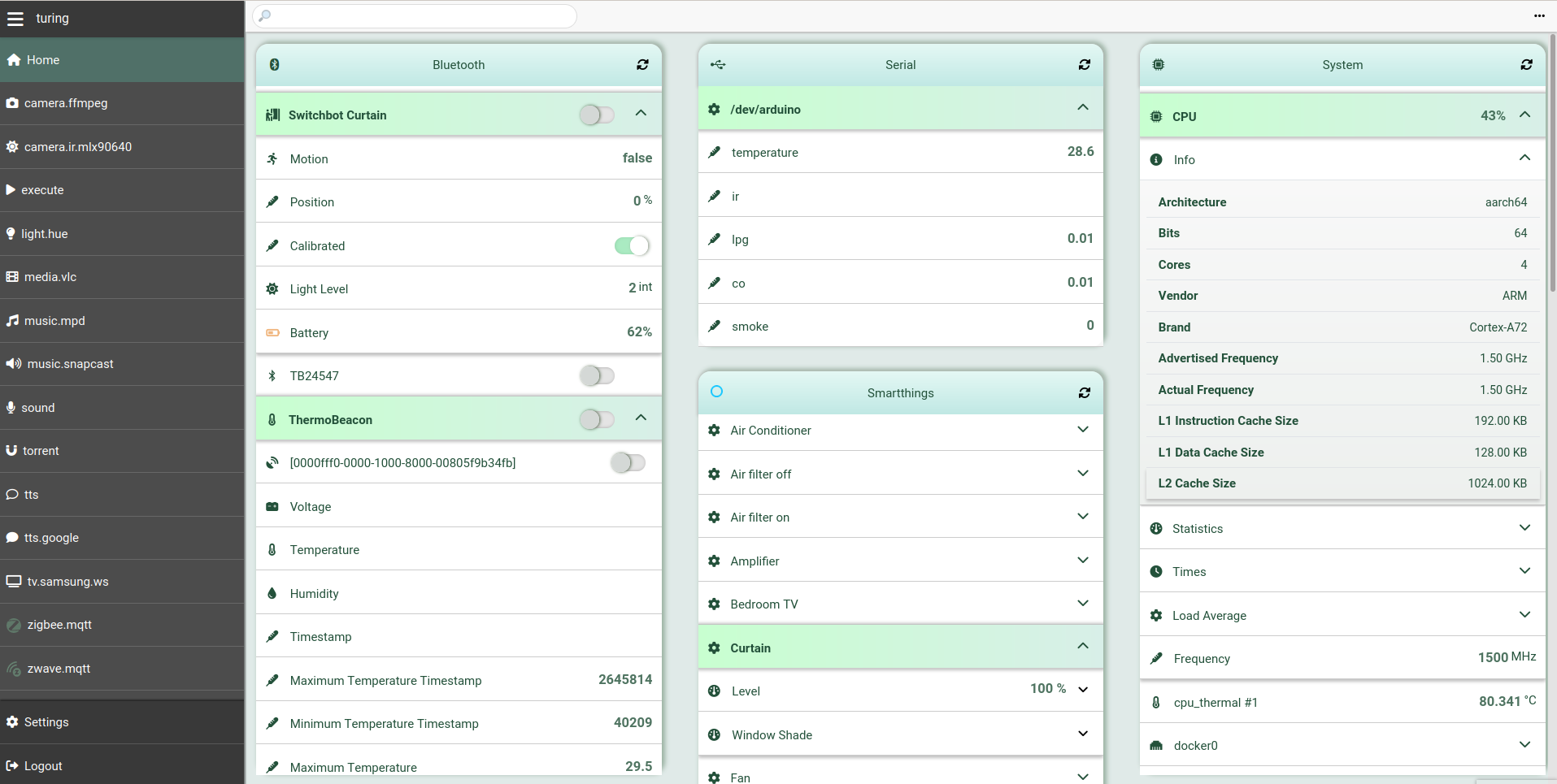 Screenshot of the application main
panel, showing the Bluetooth, Serial, SmartThings and System integrations