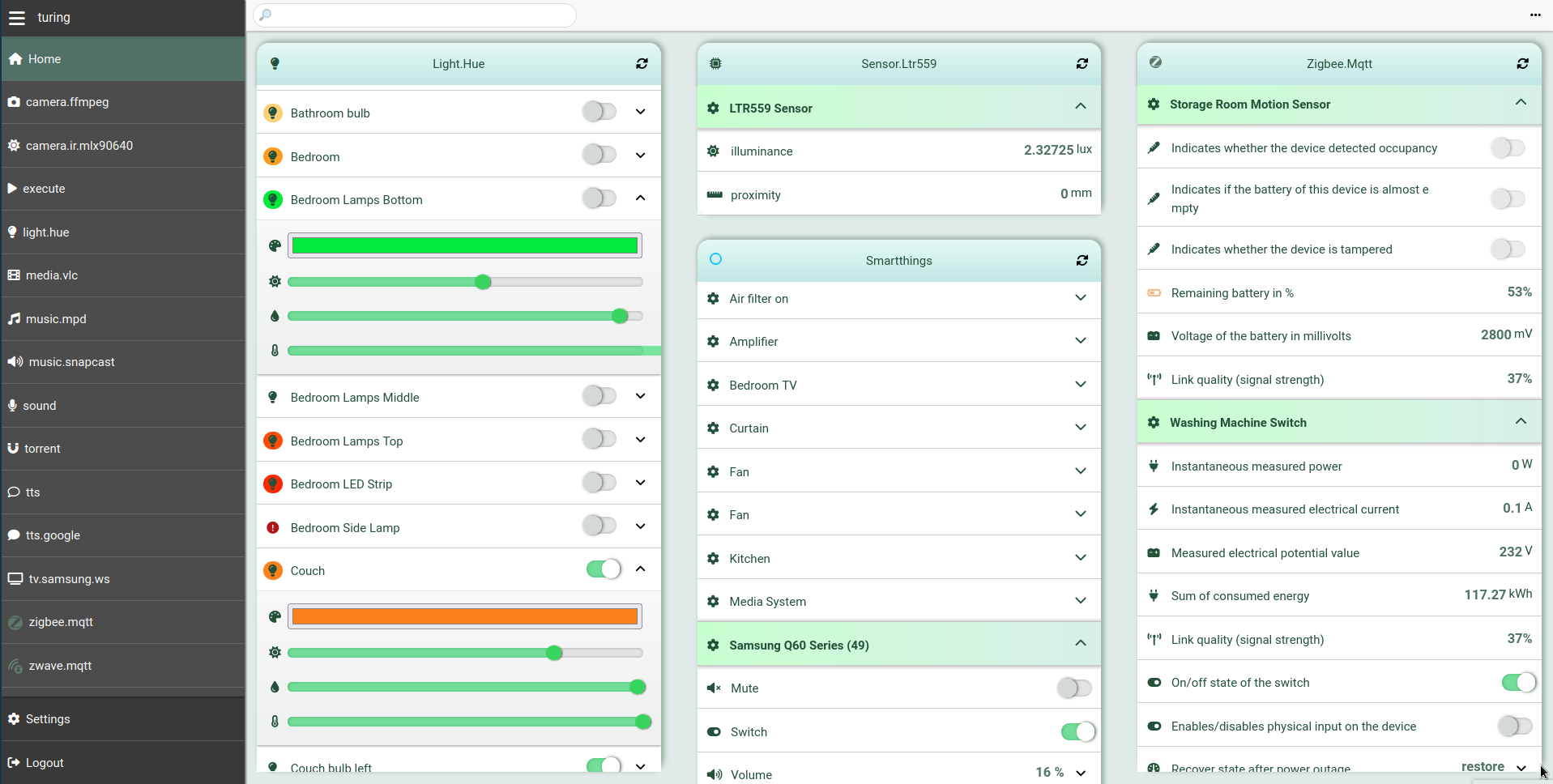 Screenshot of the application mainpanel, showing the Philips Hue, Zigbee, SmartThings and some sensors integrations