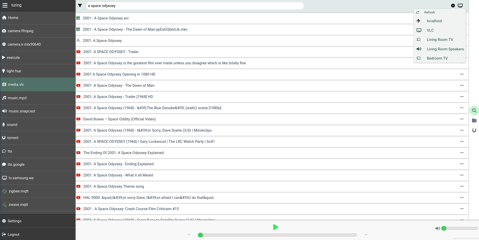 Screenshot of the media panel, showing search results from multiple sourcesand several supported types of streaming services