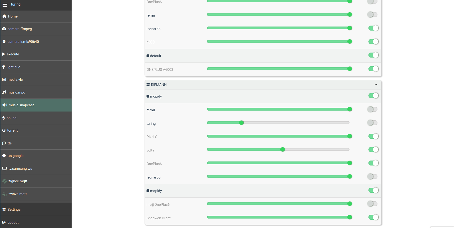 Screenshot of the Snapcast panel, which can be used to synchronize your music
streams across multiple
devices