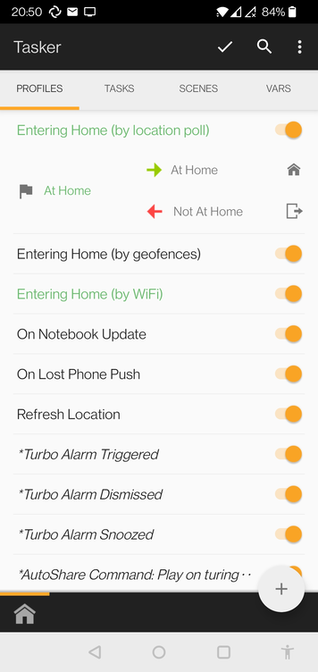 Tasker screenshot showing an At Home/Outside Home pair ofprofiles